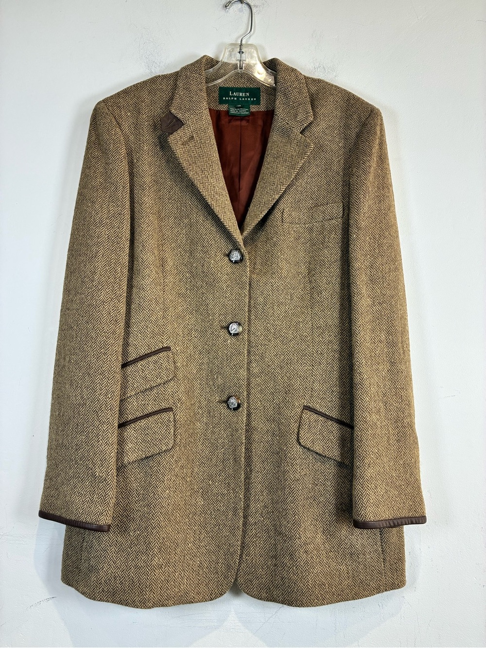 Ralph Lauren Brown Herringbone Wool Blend Riding Jacket, Size 14